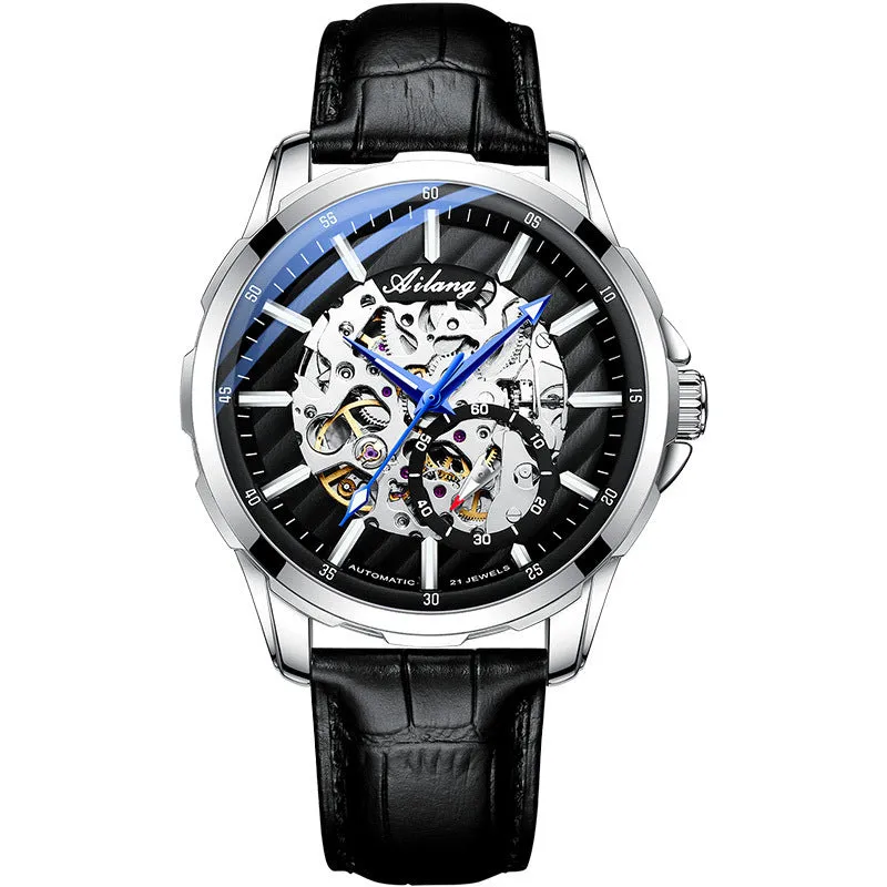 Hollow Phantom automatic mechanical watch with luminous skeleton dial, mineral glass, and black leather strap
