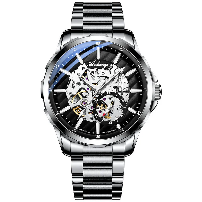 Hollow Phantom automatic mechanical watch with luminous skeleton dial, mineral glass, and black leather strap