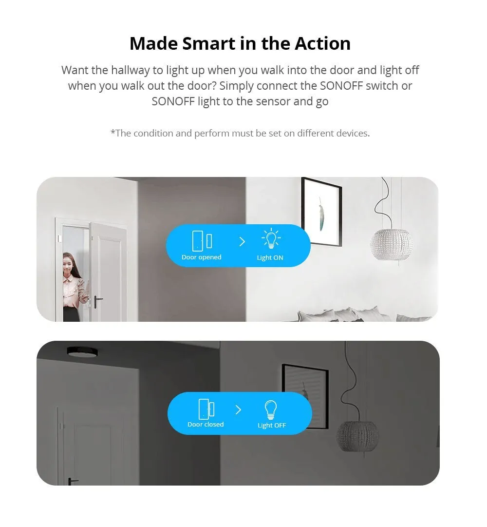 Wireless WiFi door and window sensor with white PC housing and adhesive strip for tool-free installation