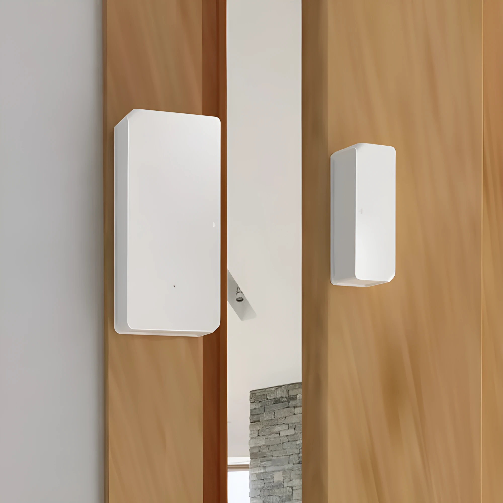 Wireless WiFi door and window sensor with white PC housing and adhesive strip for tool-free installation
