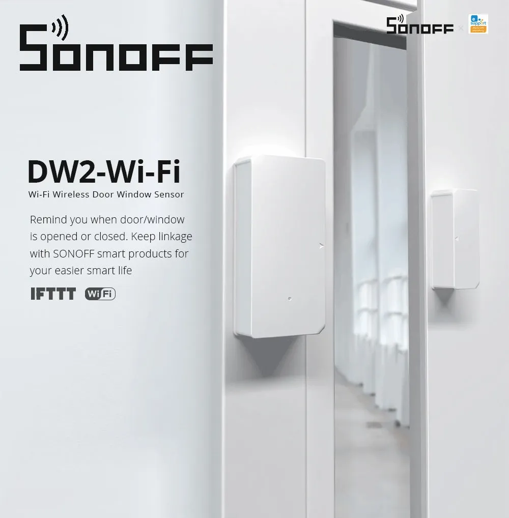 Wireless WiFi door and window sensor with white PC housing and adhesive strip for tool-free installation
