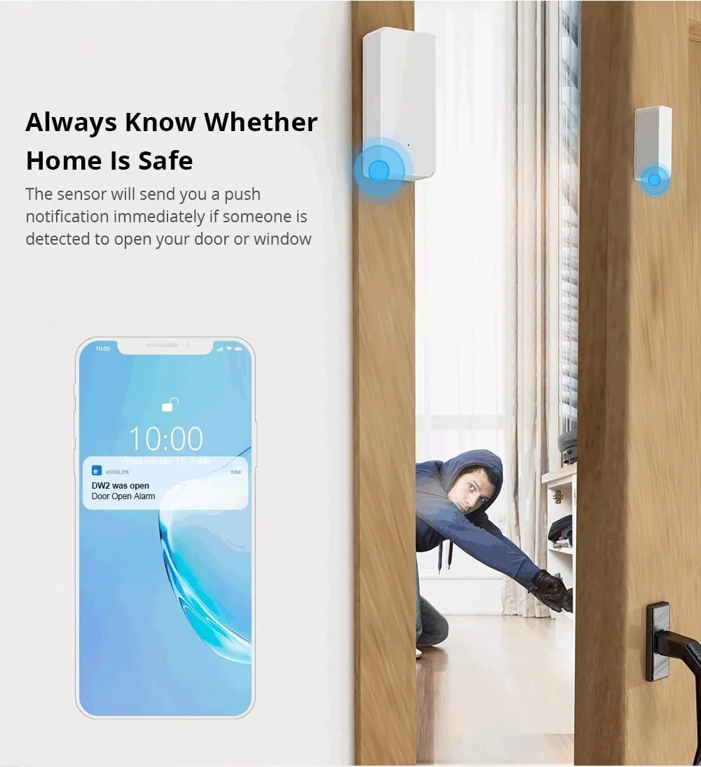 Wireless WiFi door and window sensor with white PC housing and adhesive strip for tool-free installation