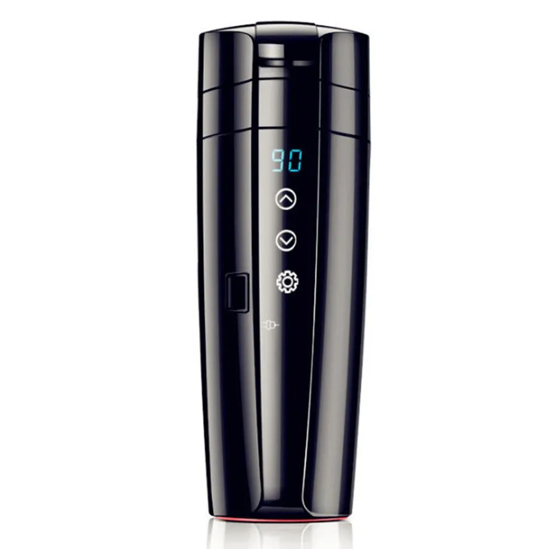 Black ABS and stainless steel electric car warm water cup with charging cable, 400ml capacity, 22cm height