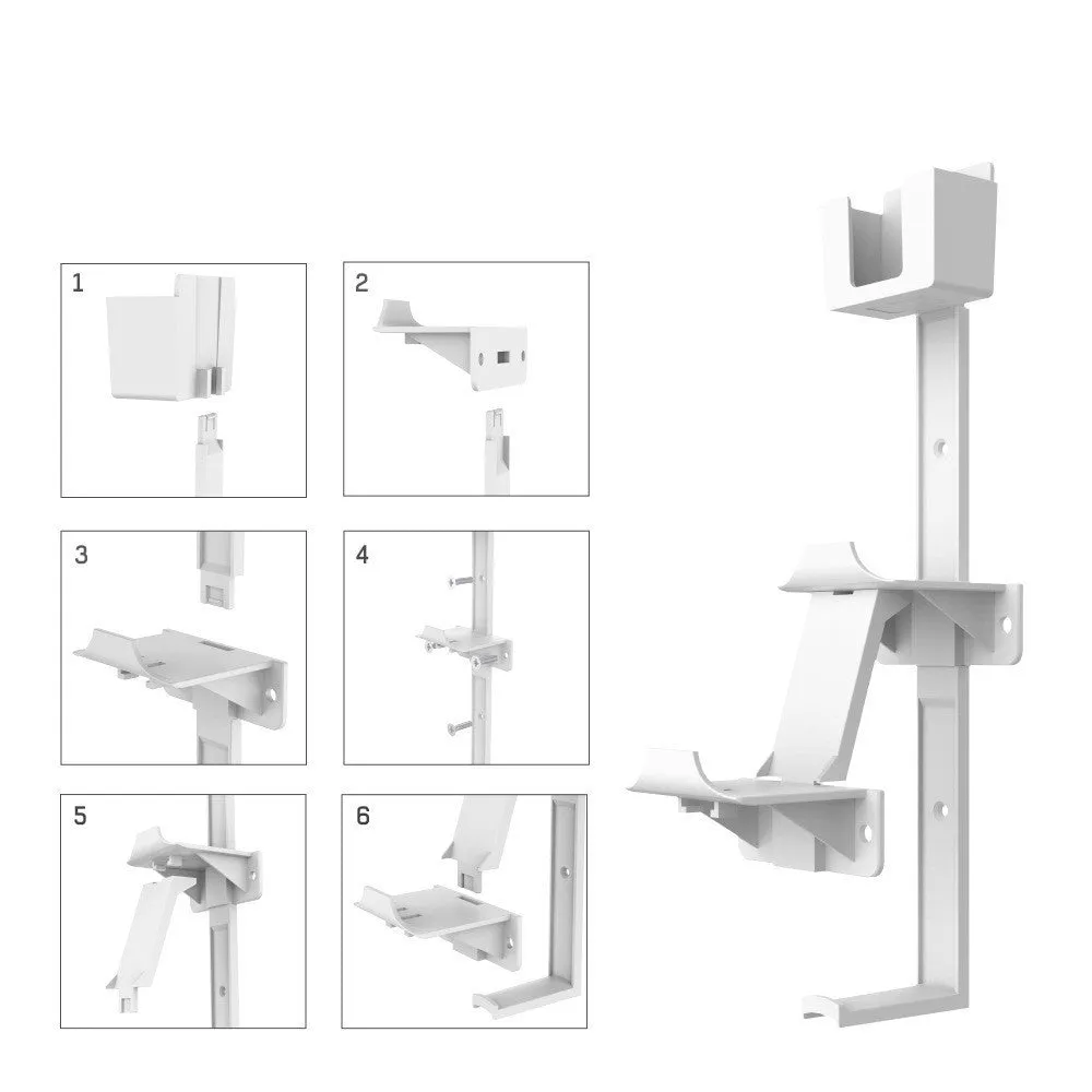 White wall-mounted storage hook holding PS5 controller and headphones