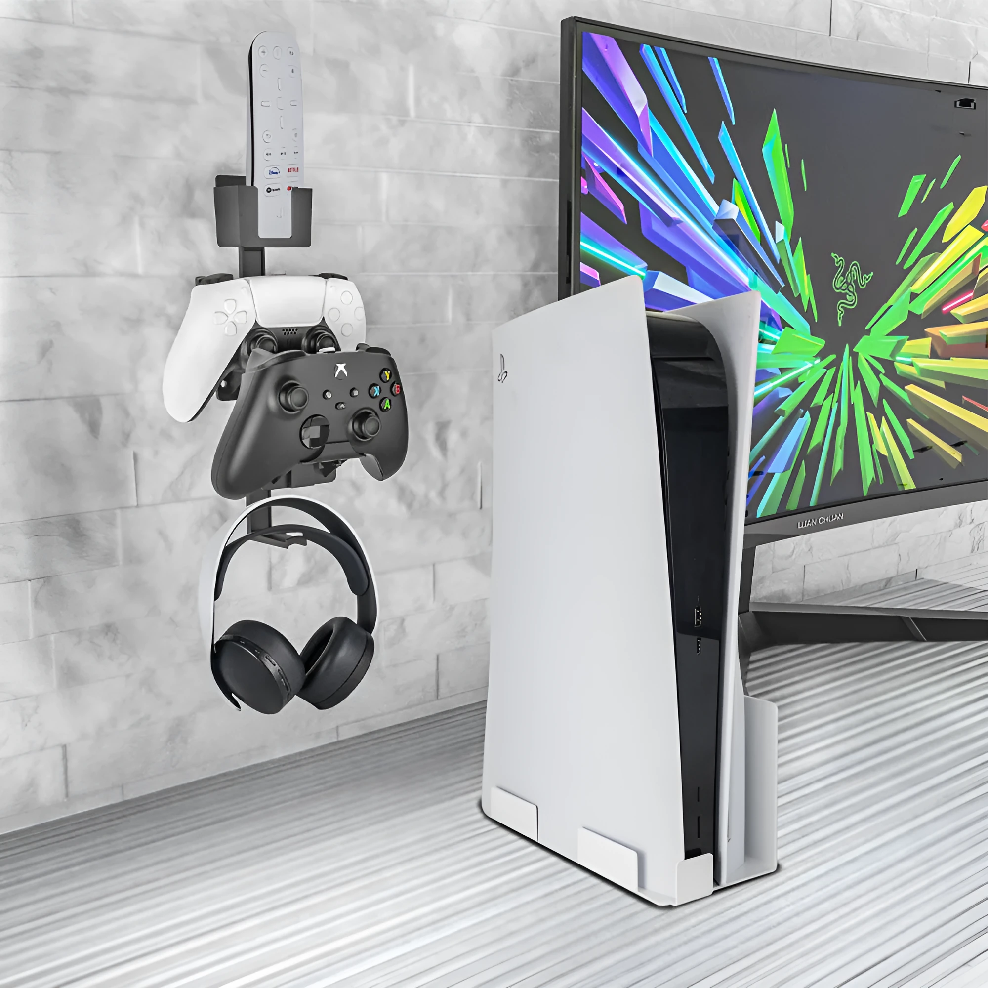 White wall-mounted storage hook holding PS5 controller and headphones