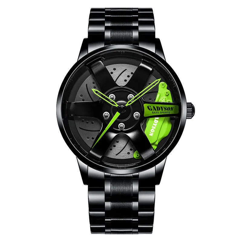 Men's quartz watch with alloy mesh strap, hollow-out wheel design, 40mm dial, and single folding buckle