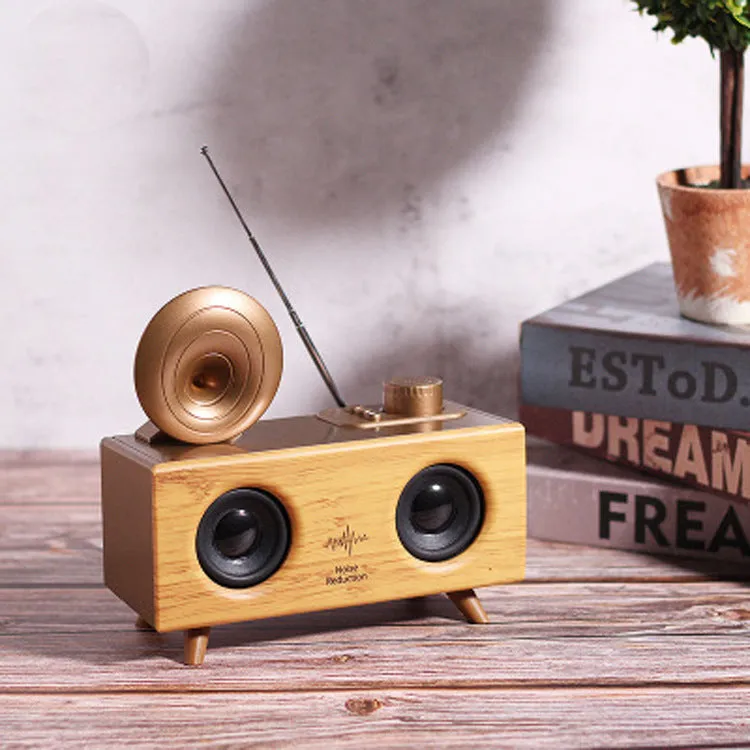 Home wireless horn flower Bluetooth speaker in dark wood finish with front grille and controls