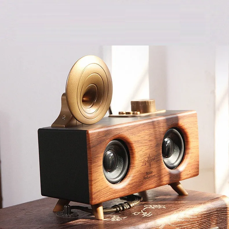 Home wireless horn flower Bluetooth speaker in dark wood finish with front grille and controls