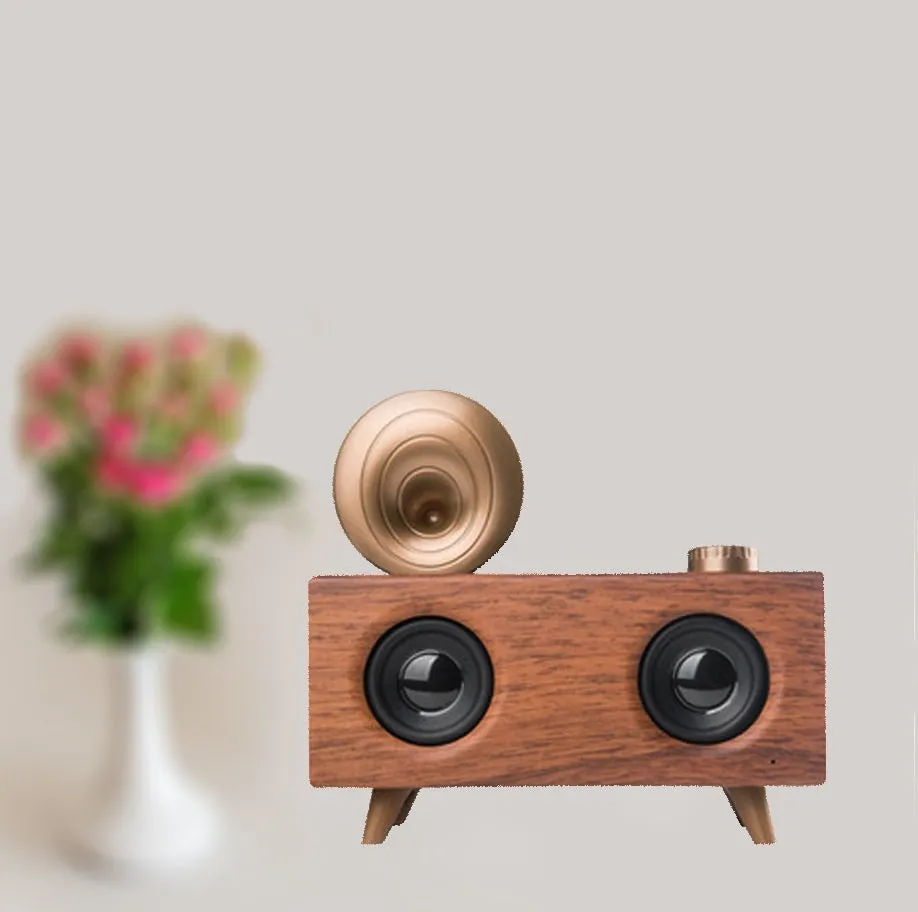 Home wireless horn flower Bluetooth speaker in dark wood finish with front grille and controls