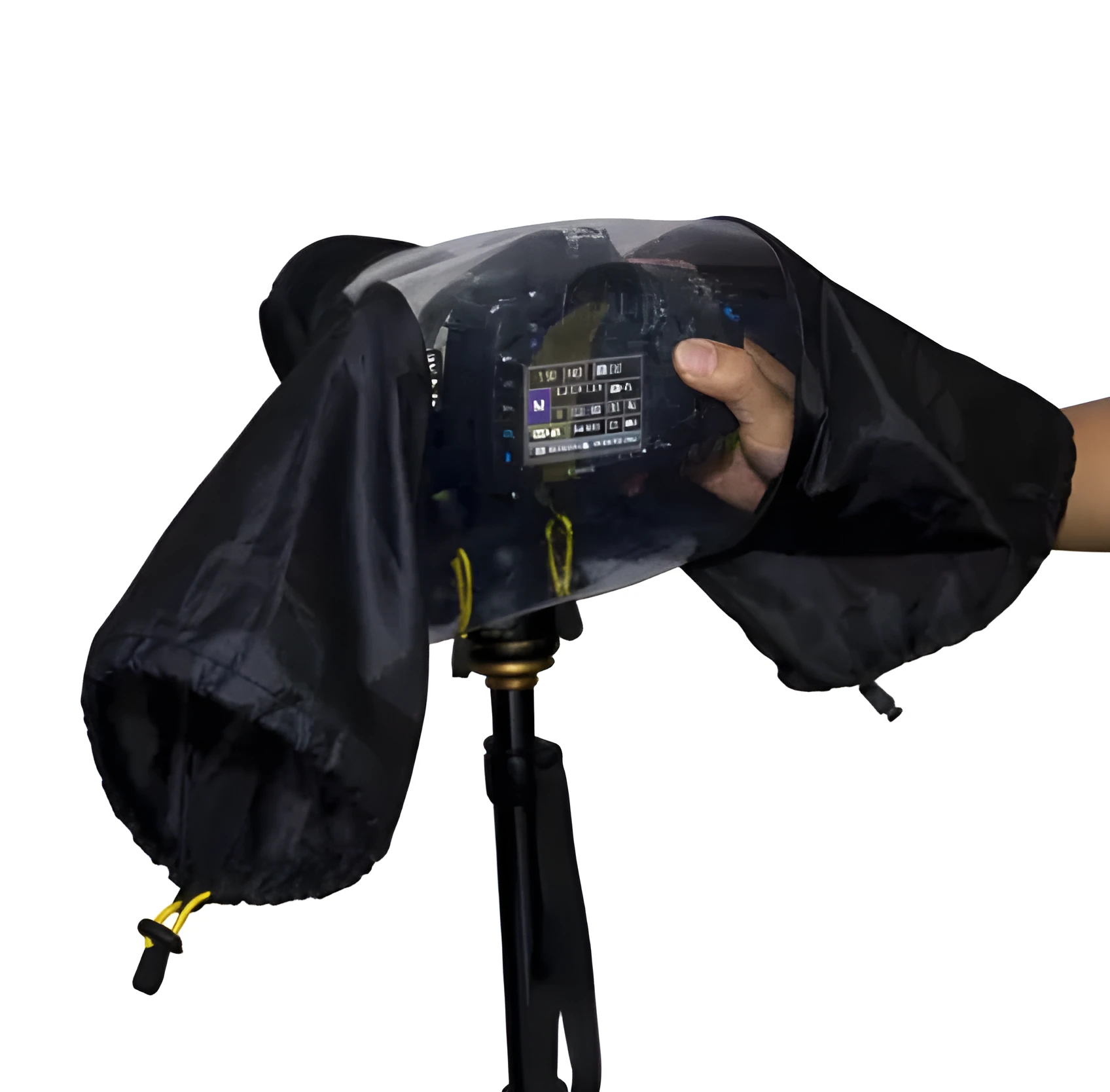 Black waterproof camera rain cover on DSLR camera with lens hood attached for outdoor photography in rain