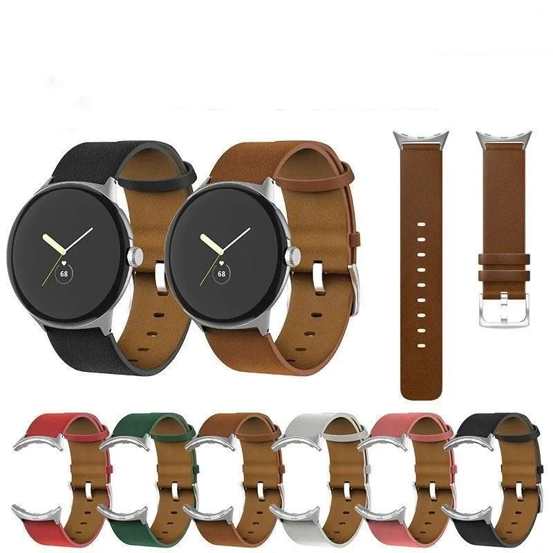 Genuine leather watch strap for Google Pixel Watch in black colour, flat interface design