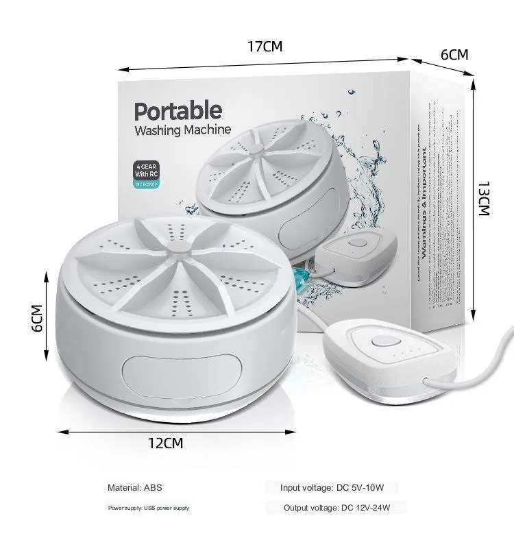 White ABS plastic portable turbo washing machine with remote control, USB power, and colour box packaging