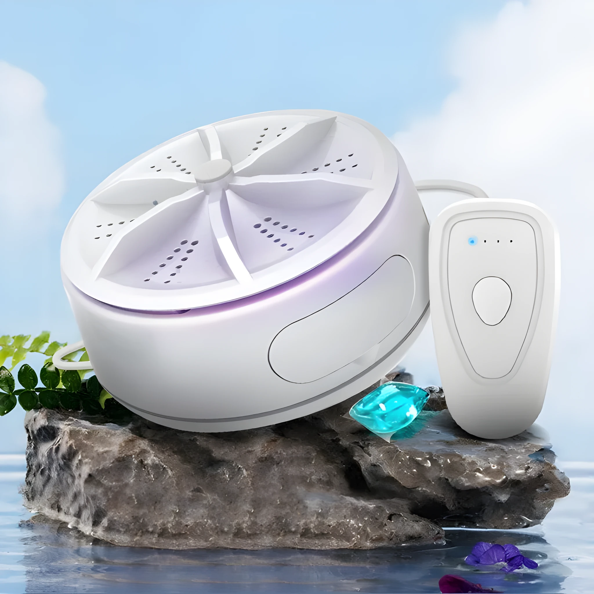White ABS plastic portable turbo washing machine with remote control, USB power, and colour box packaging