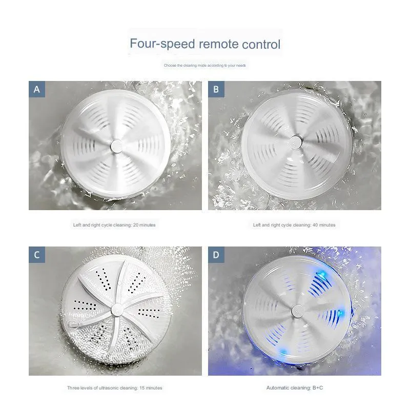White ABS plastic portable turbo washing machine with remote control, USB power, and colour box packaging