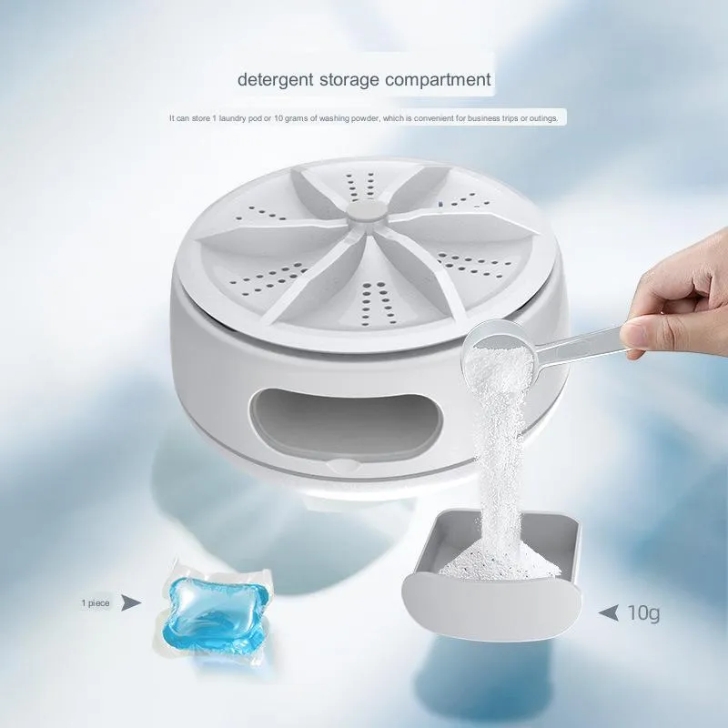 White ABS plastic portable turbo washing machine with remote control, USB power, and colour box packaging