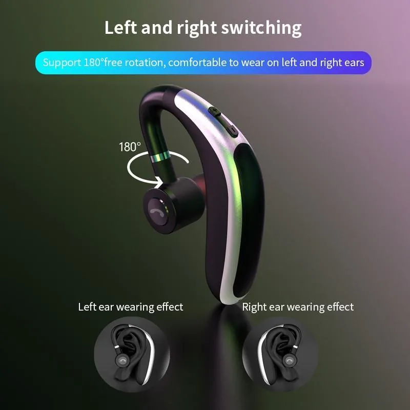 Wireless hanging ear Bluetooth headset in black with in-ear design and battery display