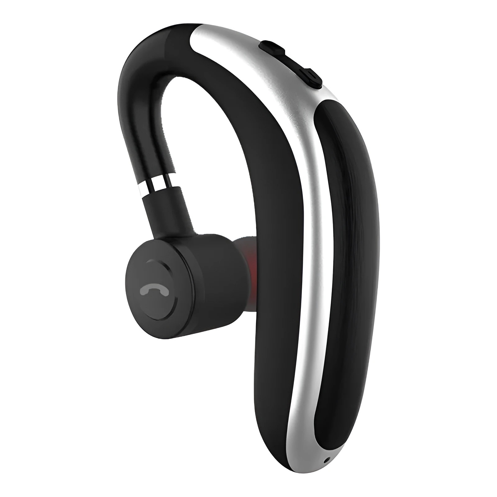 Wireless hanging ear Bluetooth headset in black with in-ear design and battery display