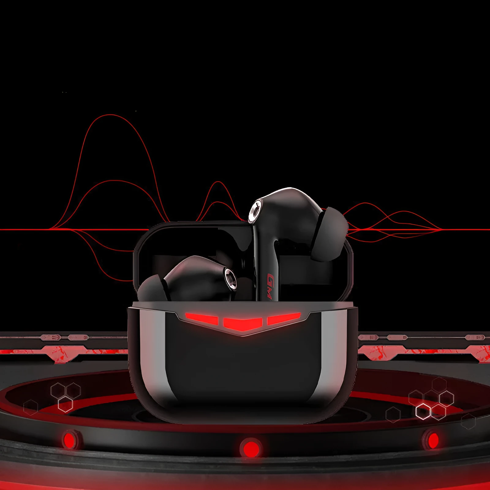 True wireless black in-ear Bluetooth gaming earbuds with charging case and silicone earmuffs.
