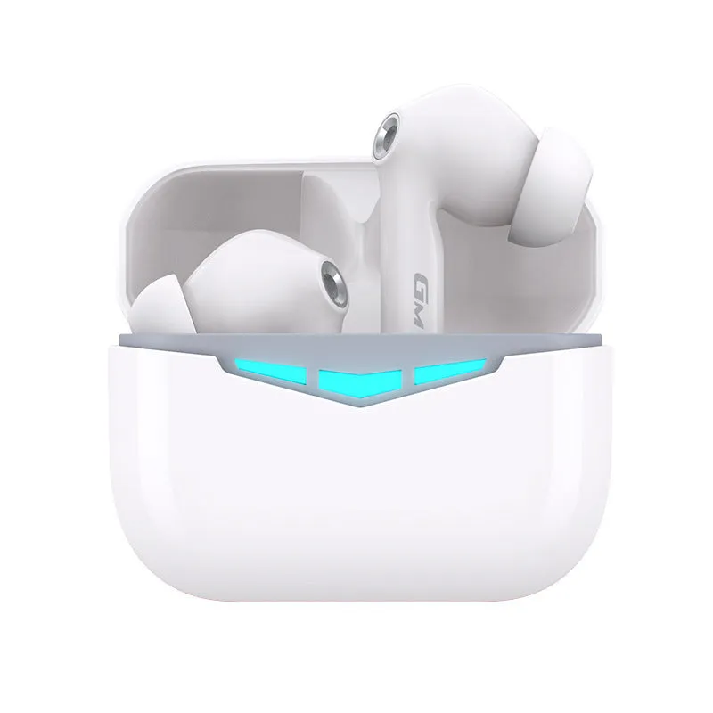 True wireless black in-ear Bluetooth gaming earbuds with charging case and silicone earmuffs.