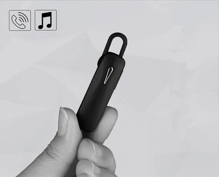 M163 black and white car Bluetooth headset for hands-free calls and music with selfie control.