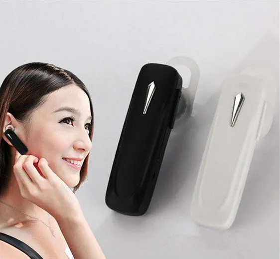 M163 black and white car Bluetooth headset for hands-free calls and music with selfie control.