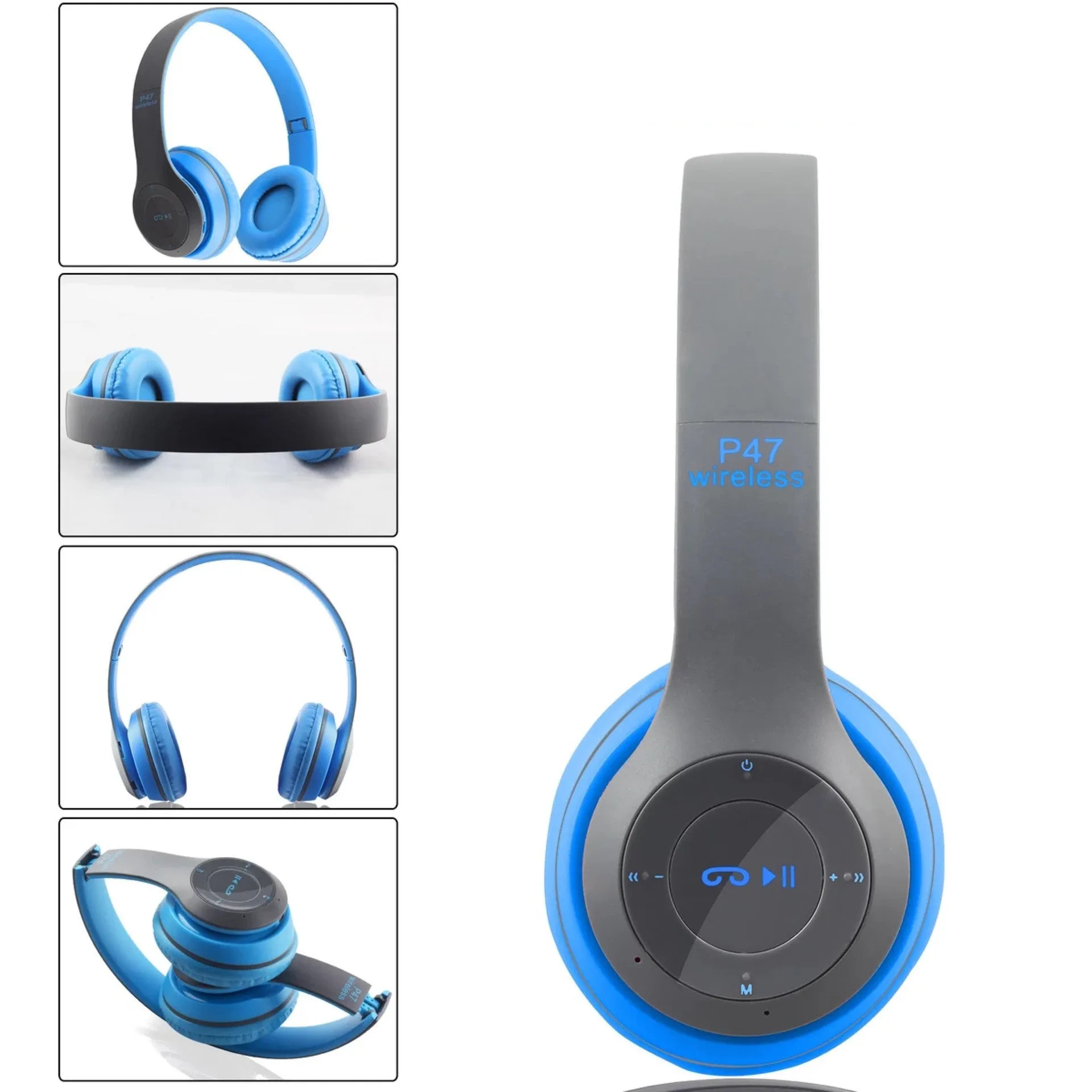 Head-mounted wireless Bluetooth headset in black with foldable design and ear cushions
