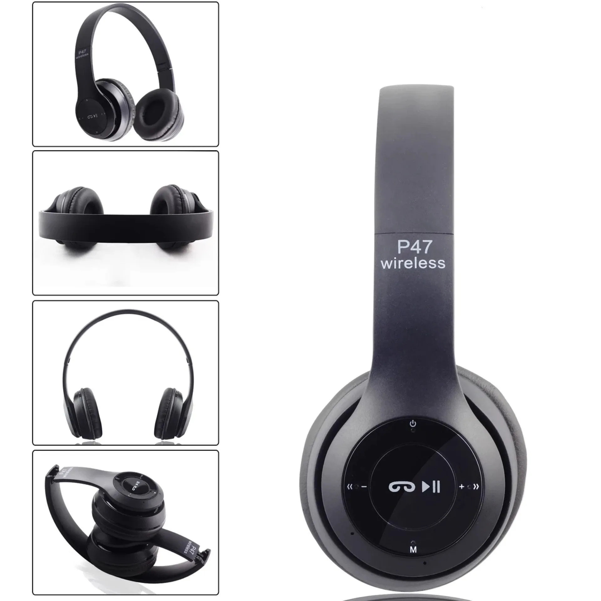 Head-mounted wireless Bluetooth headset in black with foldable design and ear cushions