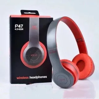 Head-mounted wireless Bluetooth headset in black with foldable design and ear cushions