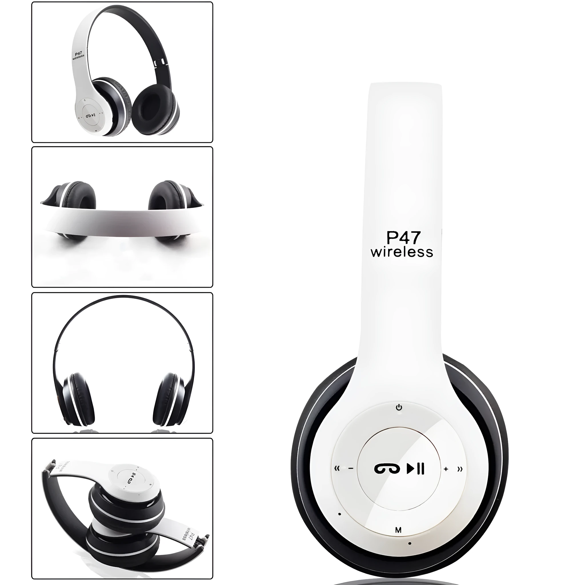 Head-mounted wireless Bluetooth headset in black with foldable design and ear cushions