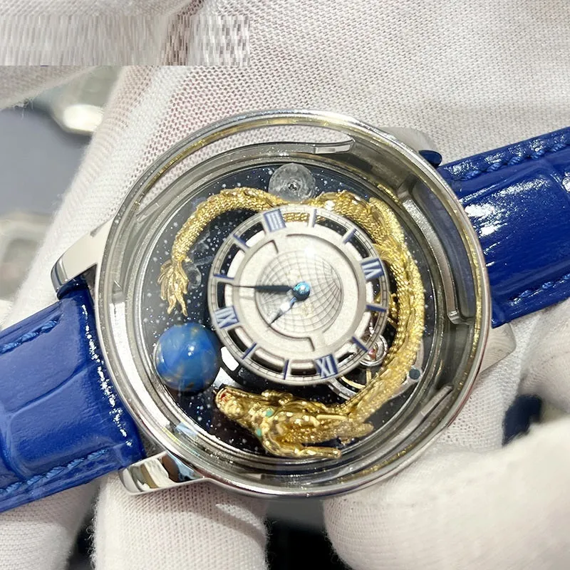 Blue dial quartz watch with sapphire crystal, leather band, and stainless steel buckle on white background