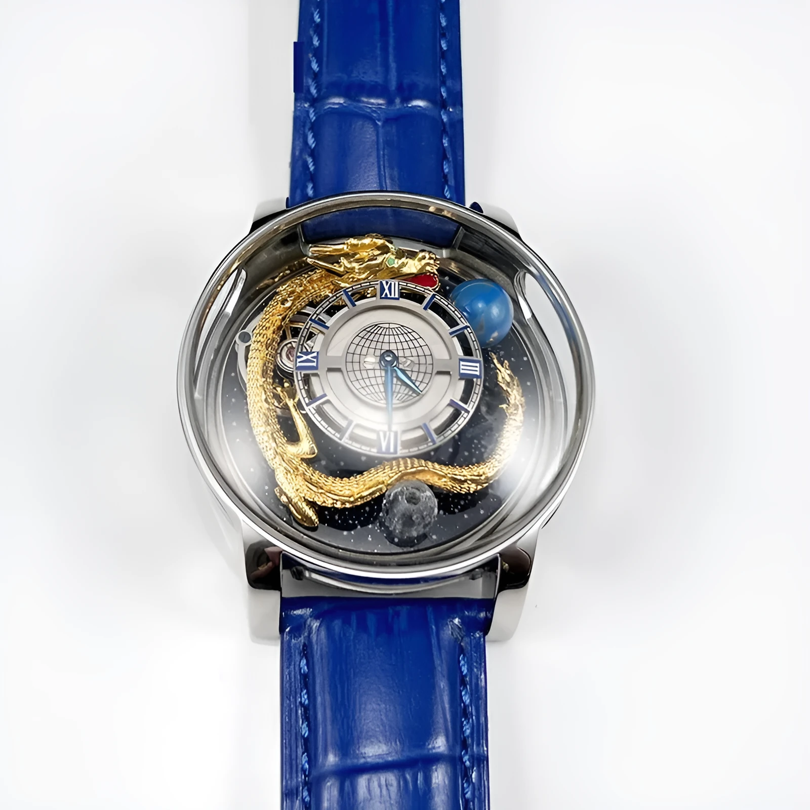 Blue dial quartz watch with sapphire crystal, leather band, and stainless steel buckle on white background