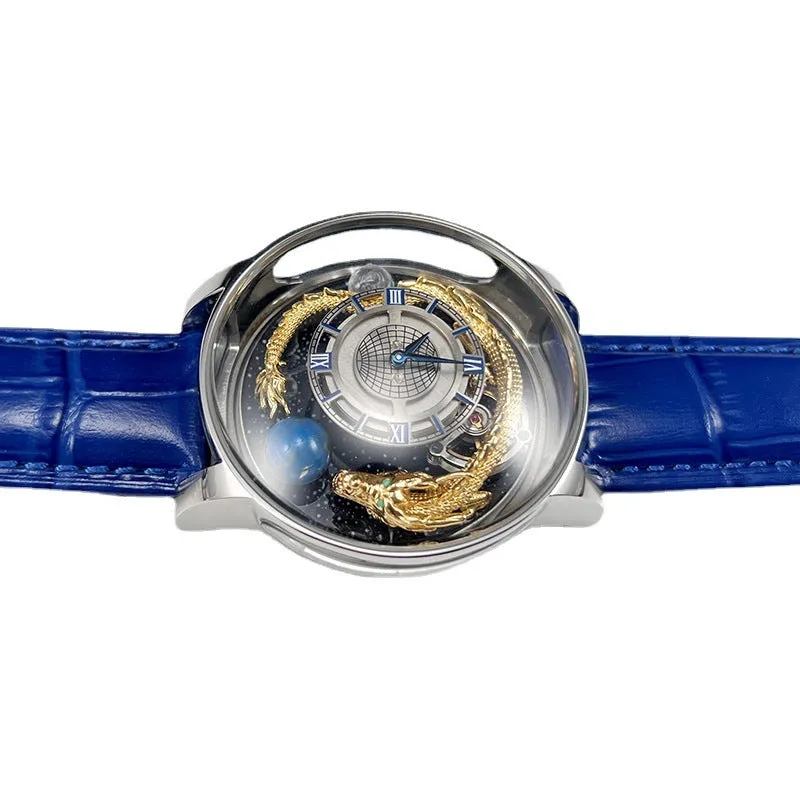 Blue dial quartz watch with sapphire crystal, leather band, and stainless steel buckle on white background