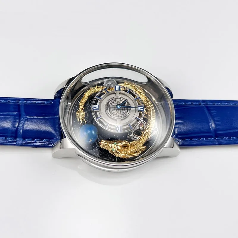 Blue dial quartz watch with sapphire crystal, leather band, and stainless steel buckle on white background
