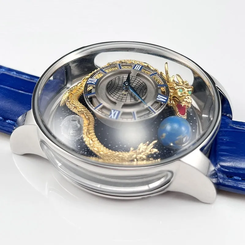 Blue dial quartz watch with sapphire crystal, leather band, and stainless steel buckle on white background