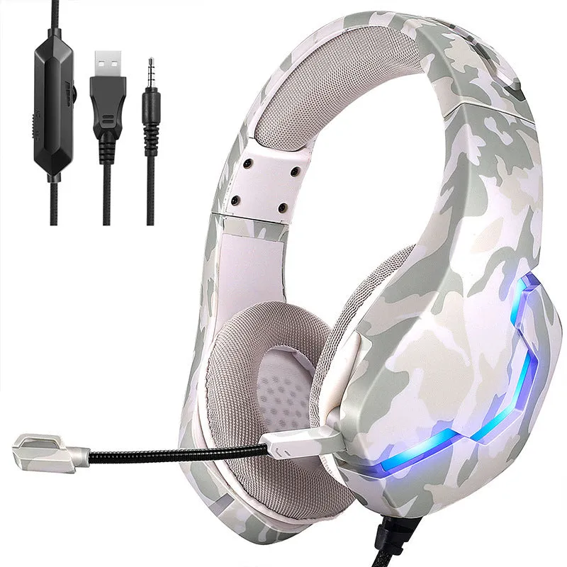 Wired gaming headset in camouflage blue or white with cloth earmuffs and braided cable