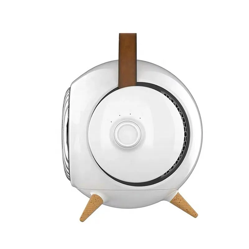 White household heater with shaking head and fine bottom fence on neutral background