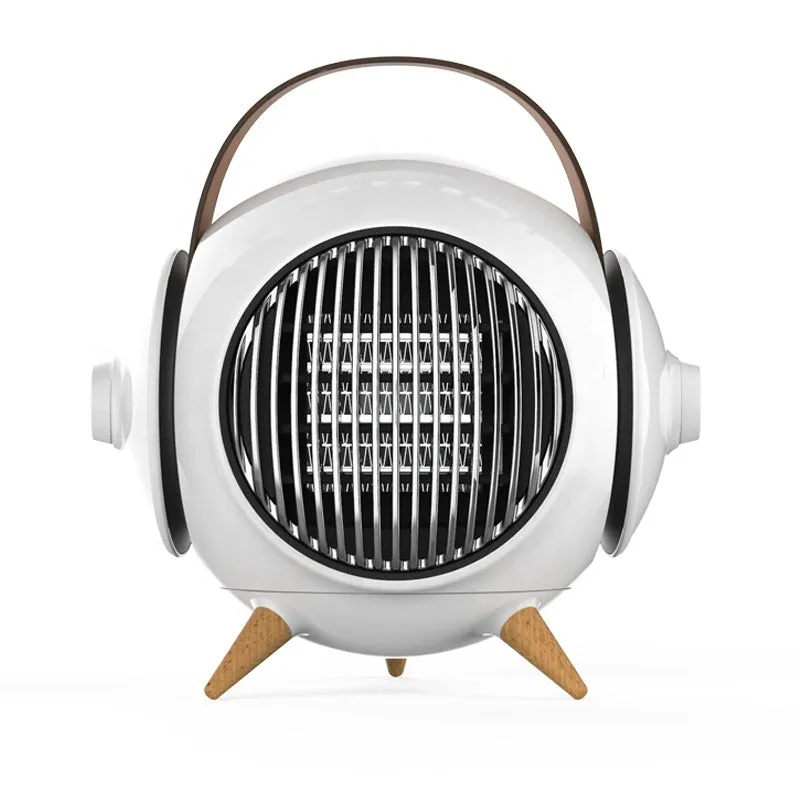 White household heater with shaking head and fine bottom fence on neutral background