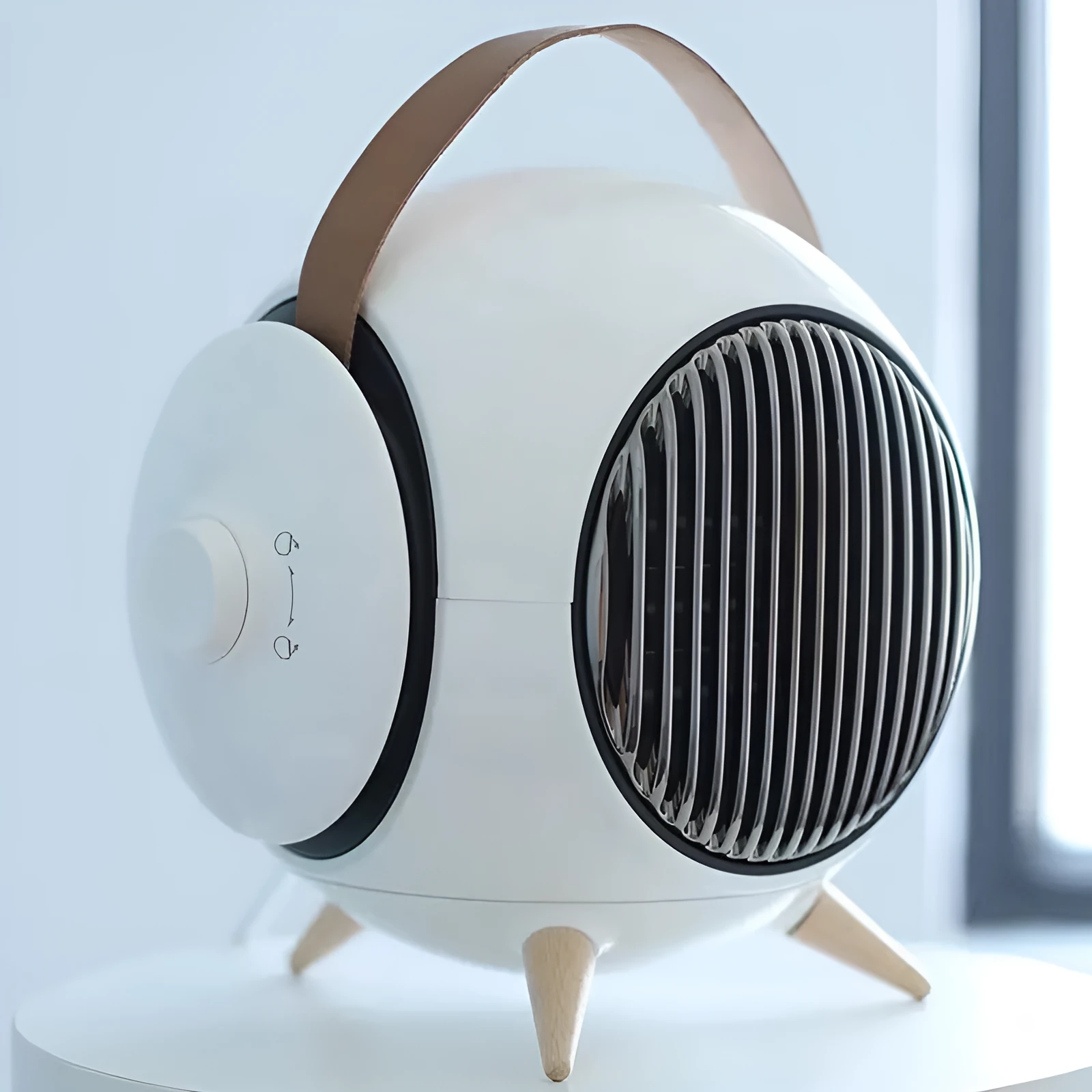 White household heater with shaking head and fine bottom fence on neutral background