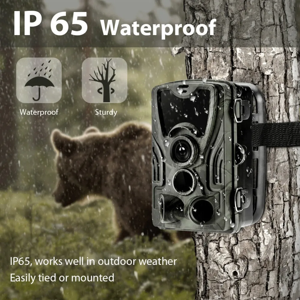HC801A hunting camera with 36 infrared lights and 2.4-inch LCD screen mounted outdoors