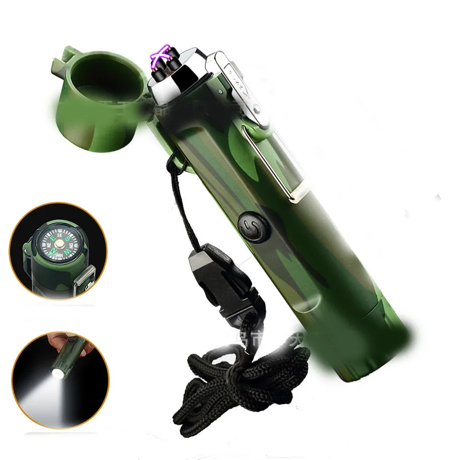 Rechargeable USB pulse lighter with compass and three-speed flashlight, outdoor travel tool