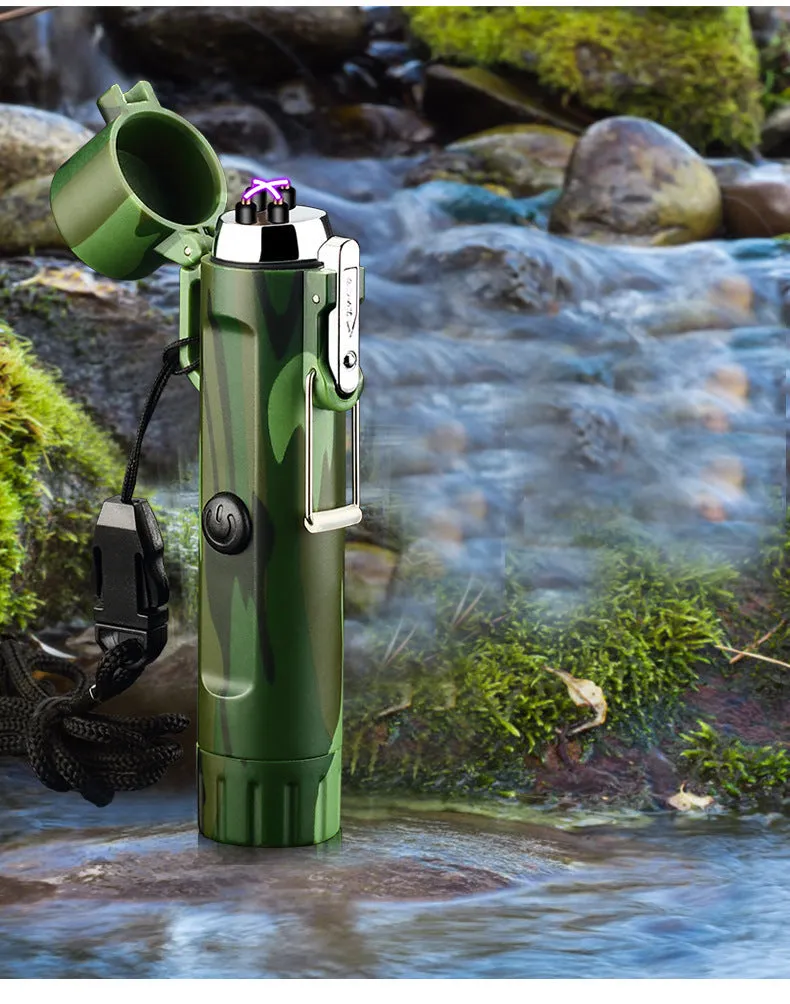 Rechargeable USB pulse lighter with compass and three-speed flashlight, outdoor travel tool