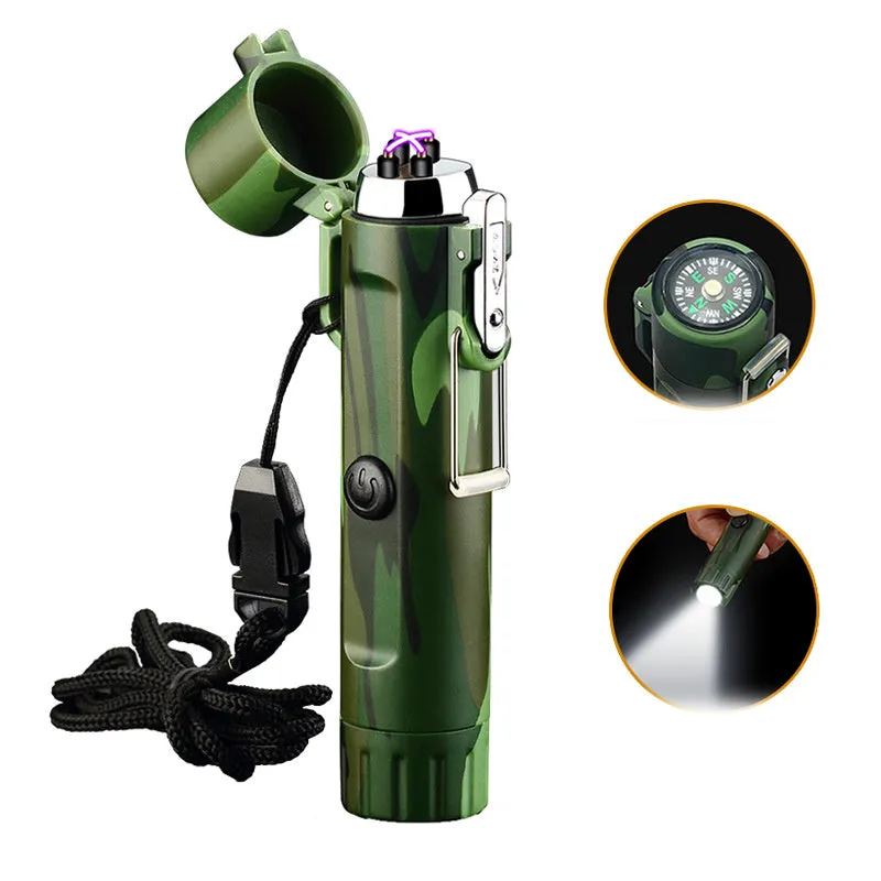 Rechargeable USB pulse lighter with compass and three-speed flashlight, outdoor travel tool
