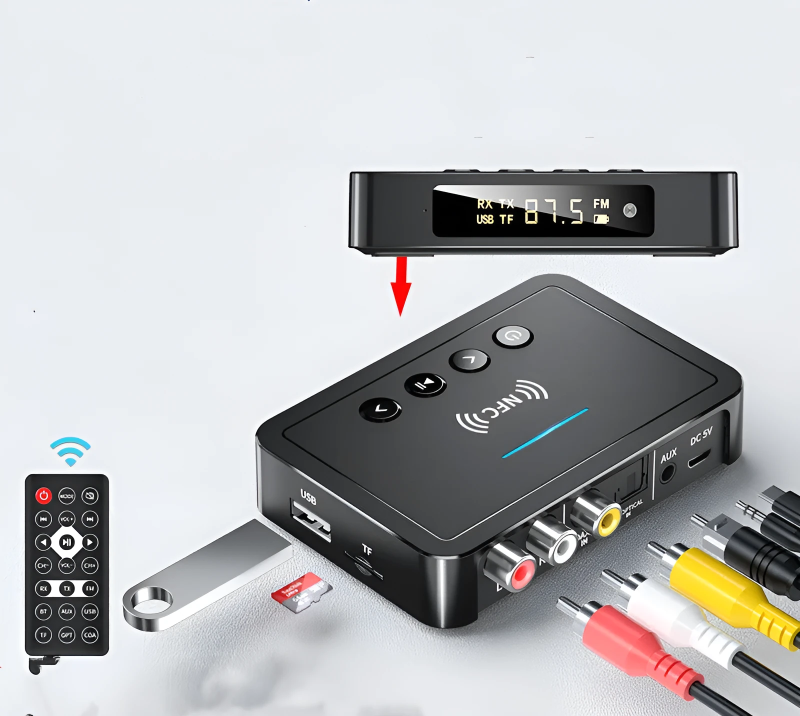 M6 Bluetooth 5.0 NFC receiver adapter with 3.5mm, RCA, optical, coaxial and USB outputs