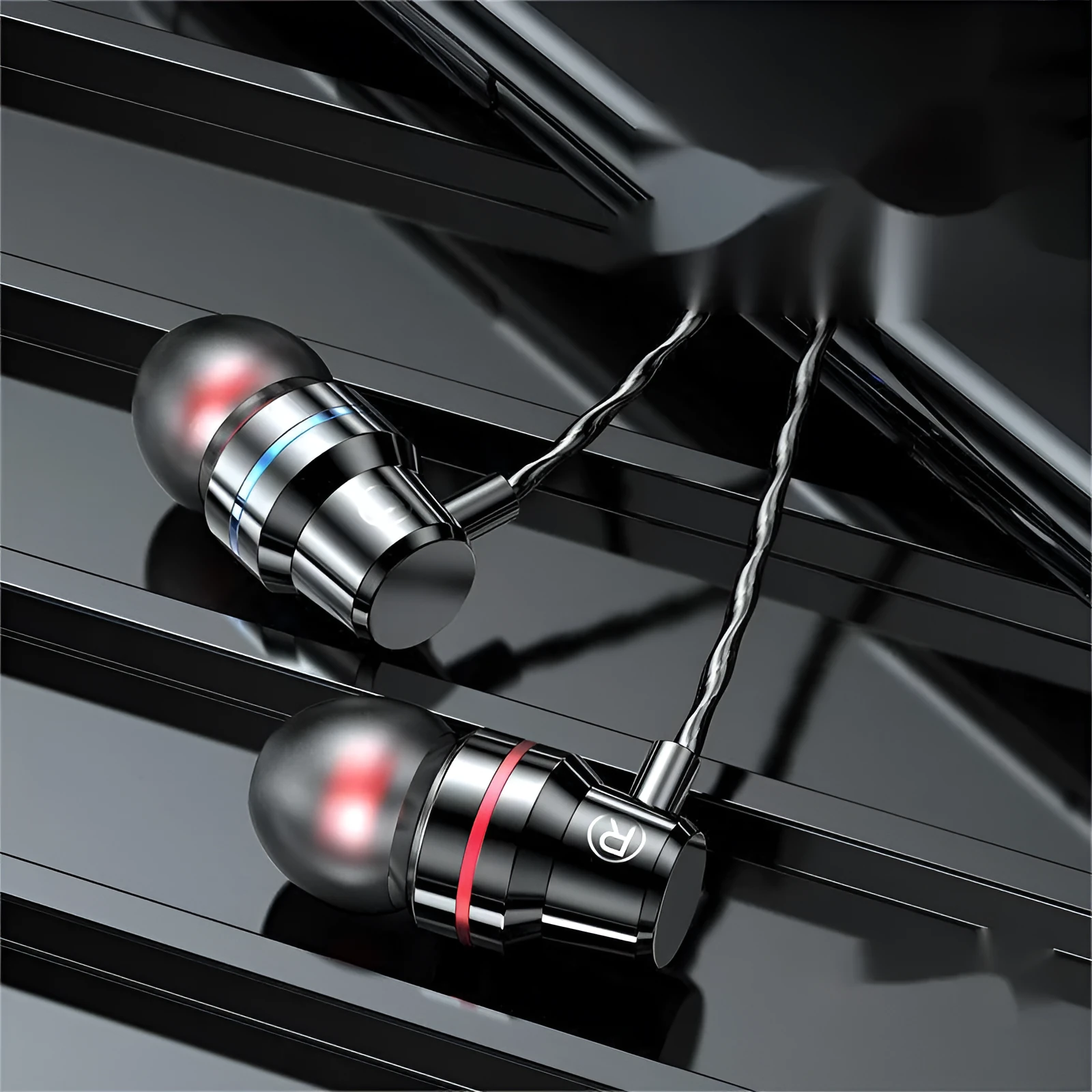 Metal wired earphones with 3.5mm plug, TPE cable, and metal housing in black finish