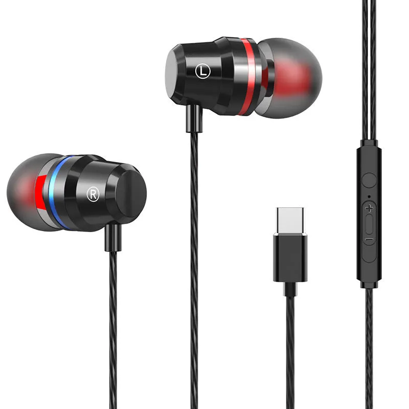 Metal wired earphones with 3.5mm plug, TPE cable, and metal housing in black finish