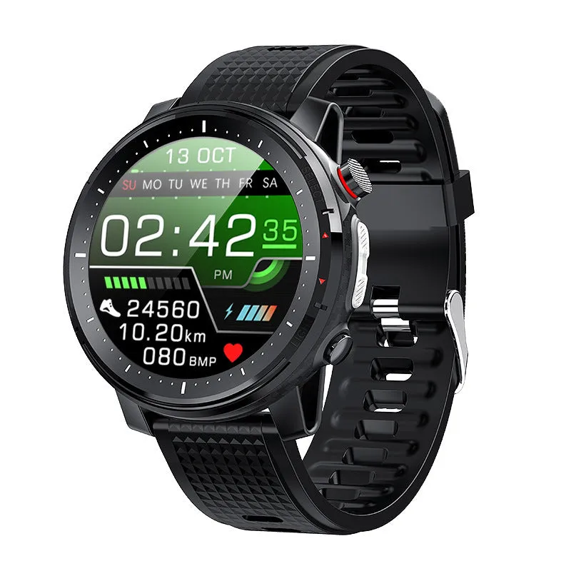 Black or red IP68 waterproof Android smart watch with round 1.3-inch touch screen and silicone strap