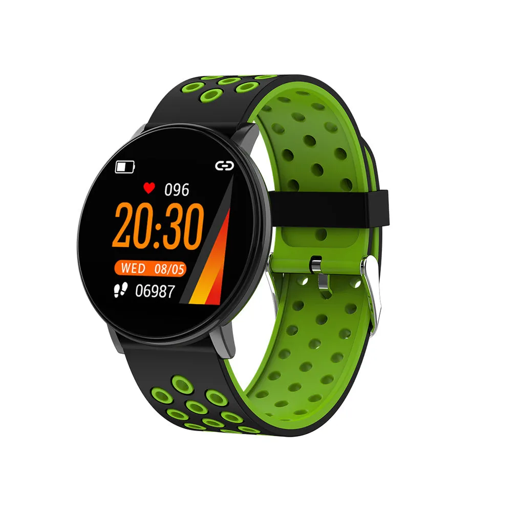 Sports smart bracelet with 1.3 inch screen and silicone strap in black colour option on white background