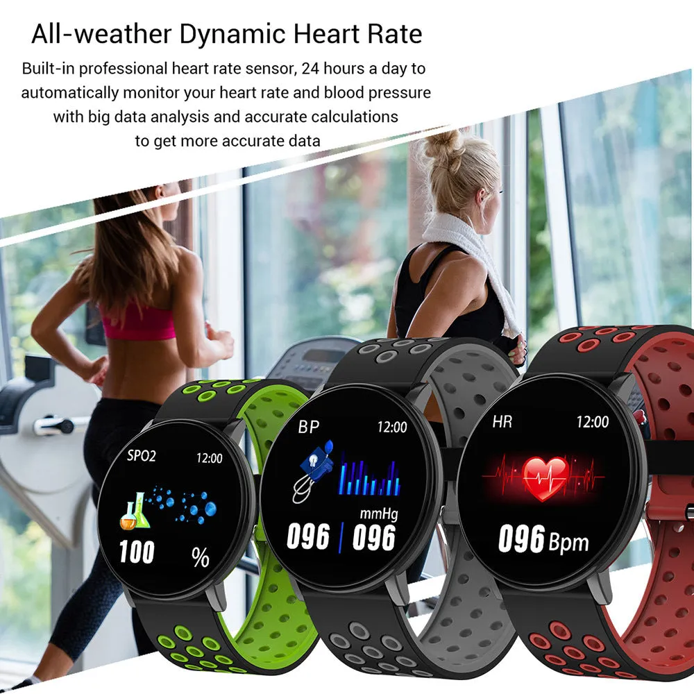 Sports smart bracelet with 1.3 inch screen and silicone strap in black colour option on white background
