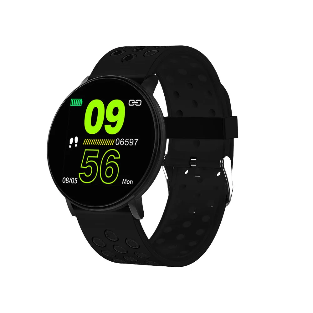 Sports smart bracelet with 1.3 inch screen and silicone strap in black colour option on white background