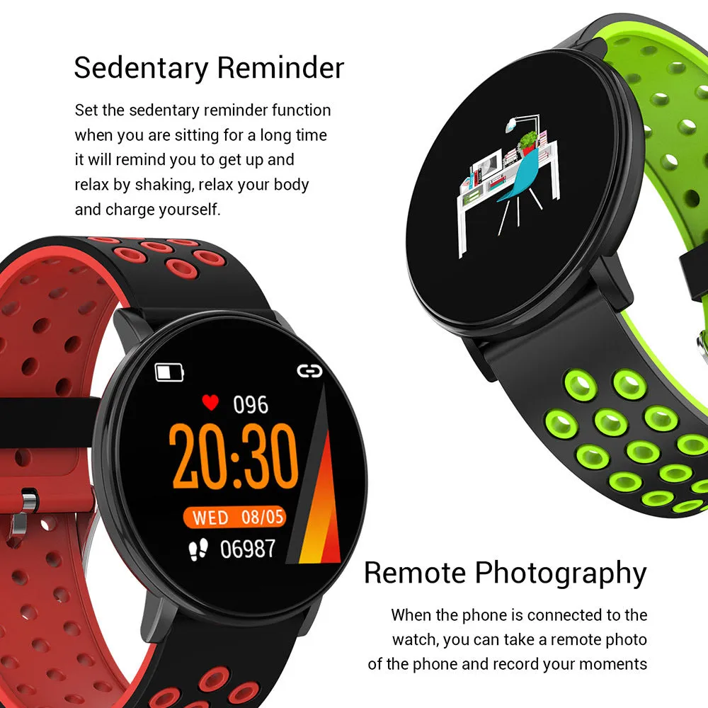 Sports smart bracelet with 1.3 inch screen and silicone strap in black colour option on white background